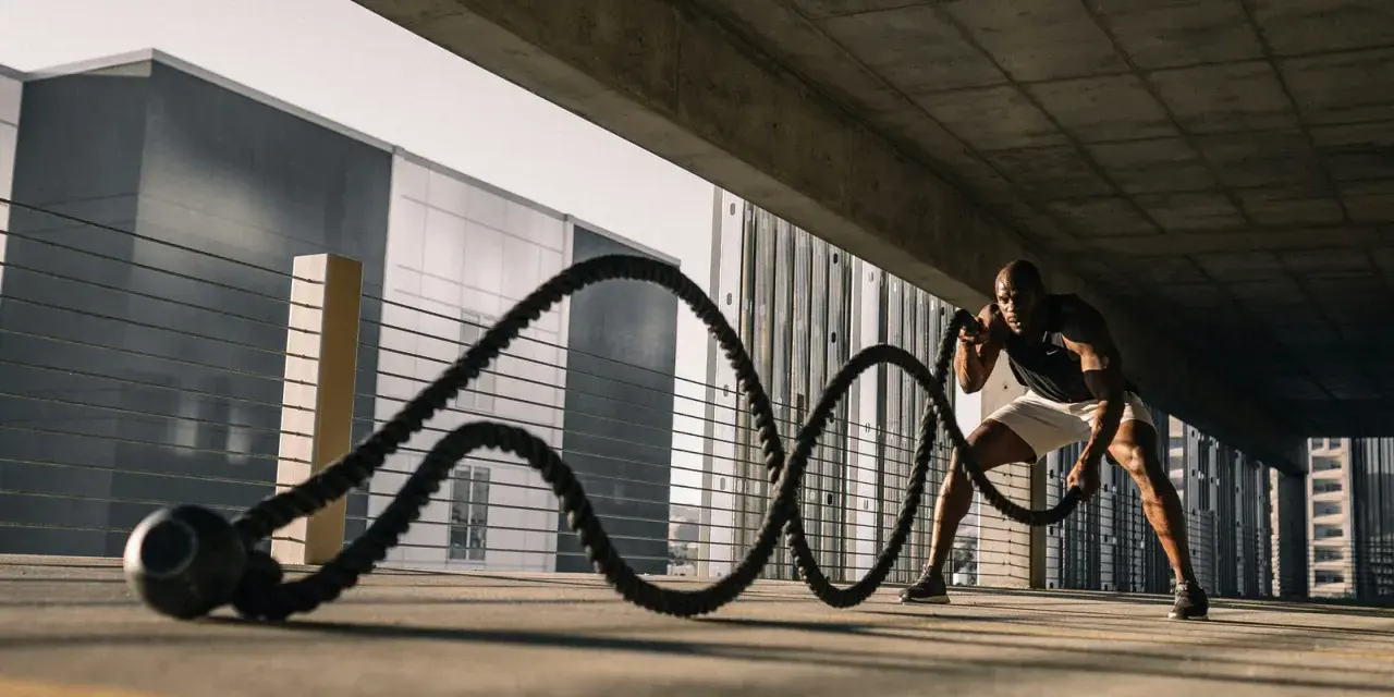 Un homme s'entraîne avec des cordes de bataille sous un pont. Il est concentré, ses muscles tendus. Les bienfaits de la glutamine pour la récupération sont essentiels pour ce type d'effort.