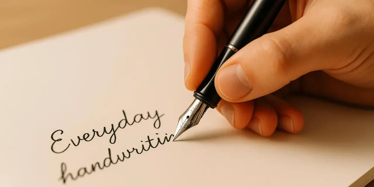 En hand håller en reservoarpenna och skriver "Everyday handwriting" på ett papper. Visar hur man håller en penna för vacker handstil.