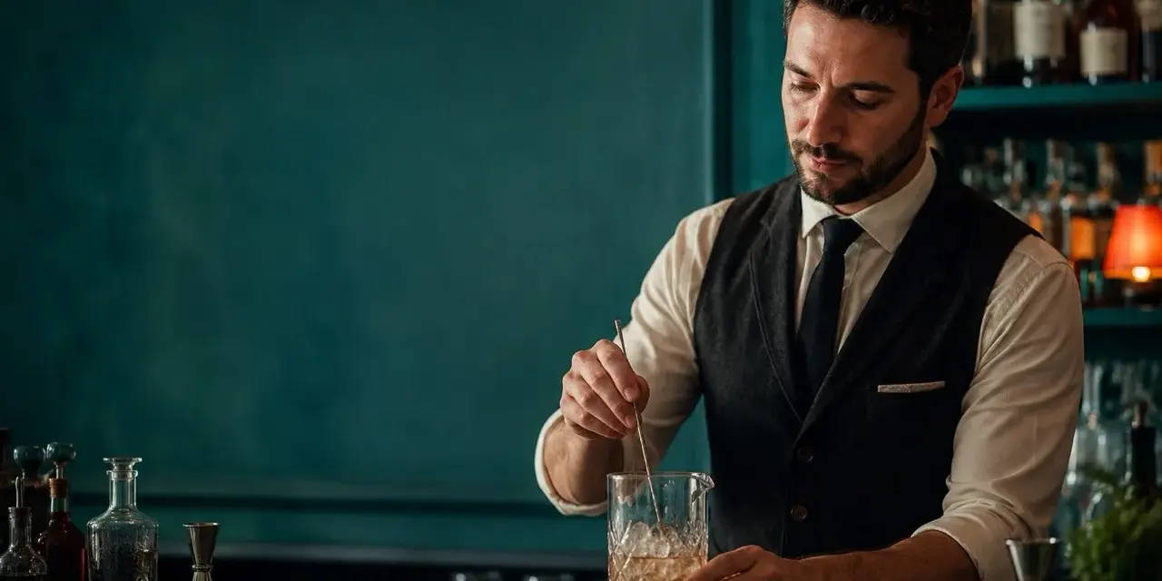 Barista esperto prepara un cocktail, con la sua paga base che riflette la sua abilità. Dietro di lui, bottiglie di liquori e un'atmosfera elegante.