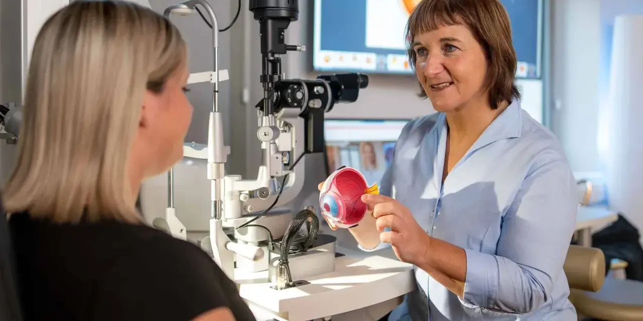 Augenarzt erklärt Modellauge. Mögliche Behandlung: Augen lasern. Krankschreibung wird besprochen.