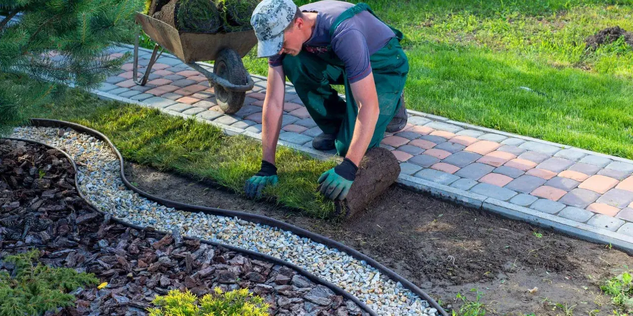 Ogrodnik układa trawę z rolki, tworząc piękny trawnik. Sprawdź atrakcyjną trawę z rolki cenę za m2!