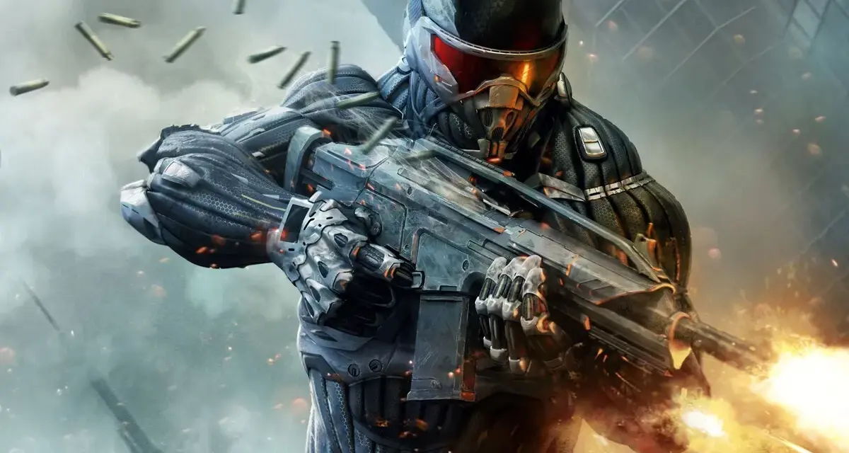 Soldado con traje de alta tecnología, disparando un arma futurista. El fuego y los casquillos vuelan. ¡La acción de Crysis 4 está que arde!