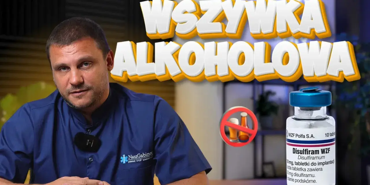 Lekarz wyjaśnia, jak działa esperal (Disulfiram WZF) w leczeniu alkoholizmu. Na zdjęciu widać buteleczkę z tabletkami i symbol zakazu spożywania alkoholu.