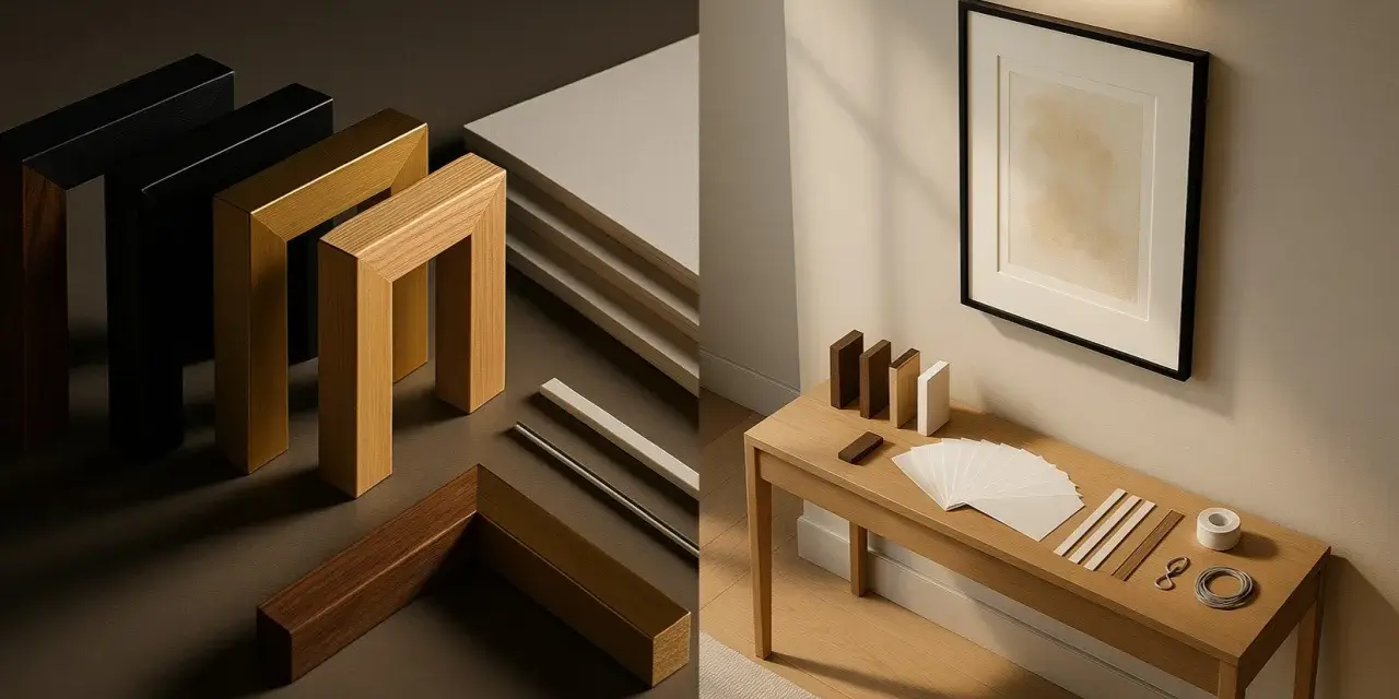 Pièces de bois et de métal pour faire un encadrement, avec un tableau déjà encadré sur une console.
