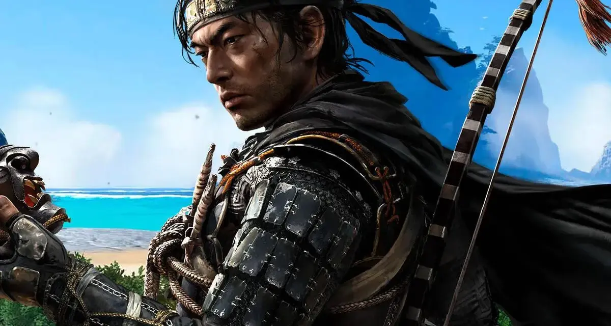 Samurái con arco y máscara, listo para la aventura. ¿cuanto dura Ghost of Tsushima? El juego ofrece muchas horas de exploración.