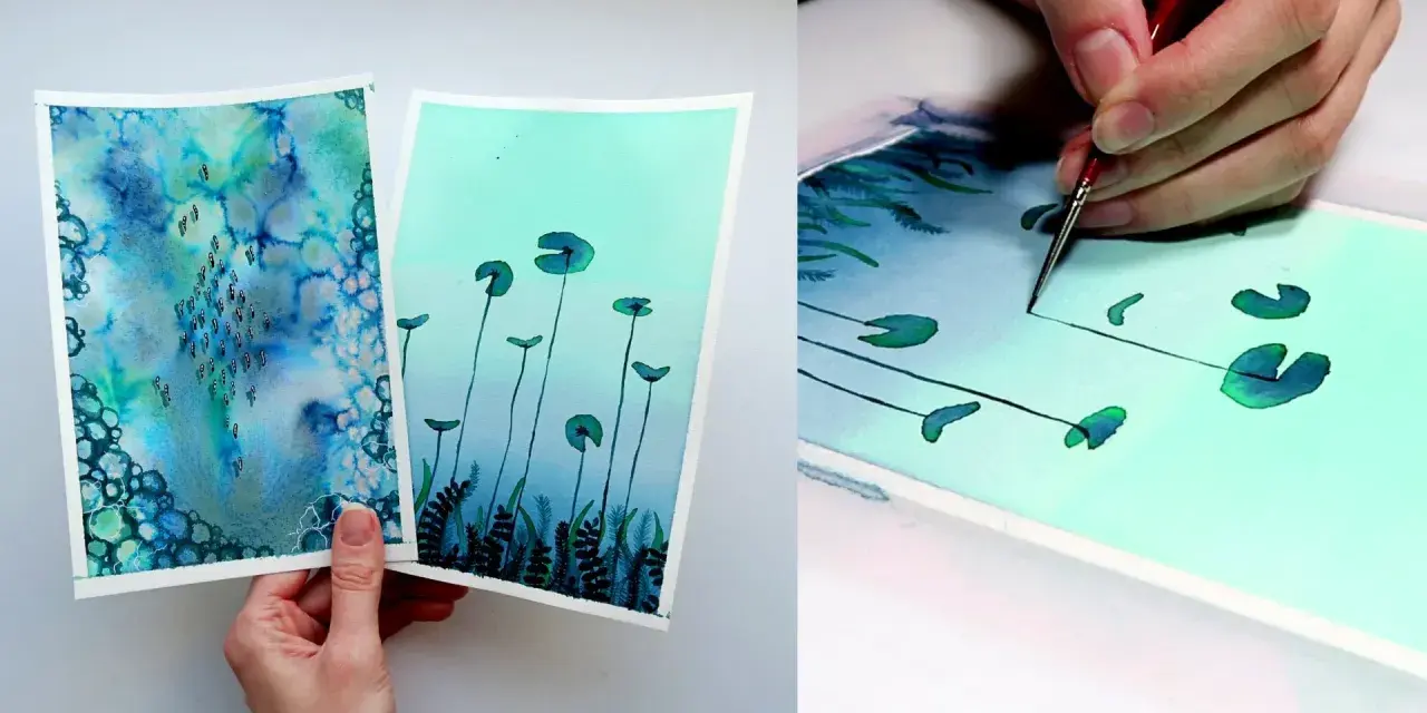 Dos hermosos dibujos a tinta y acuarela de temática acuática. Uno muestra un fondo azul vibrante con burbujas y peces, el otro lirios de agua sobre un fondo turquesa.