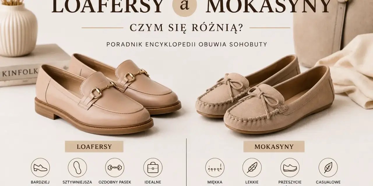 Porównanie rodzajów butów damskich: eleganckie loafersy z klamrą i wygodne mokasyny z kokardką.