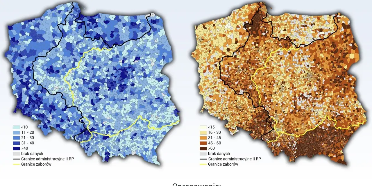 Mapy Polski pokazujące przestępczość i religijność. Analiza danych ujawnia zróżnicowanie tych wskaźników w regionach.