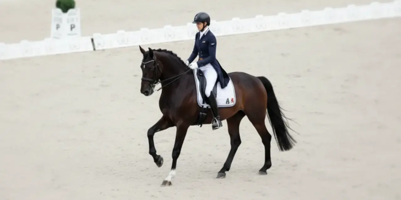 Une cavalière en tenue d'équitation exécute une figure sur son cheval brun. Elle fait partie de la liste des cavaliers français en compétition.
