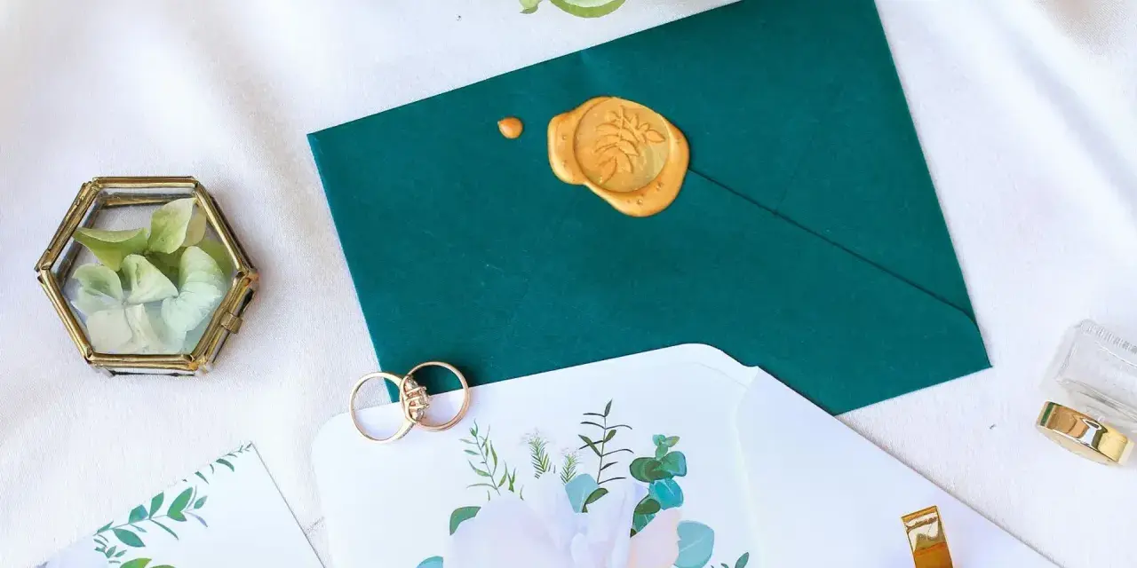 Elegancka koperta z pieczęcią, obrączki i zaproszenie. Zastanawiasz się, ile trzeba dać w kopercie na wesele?