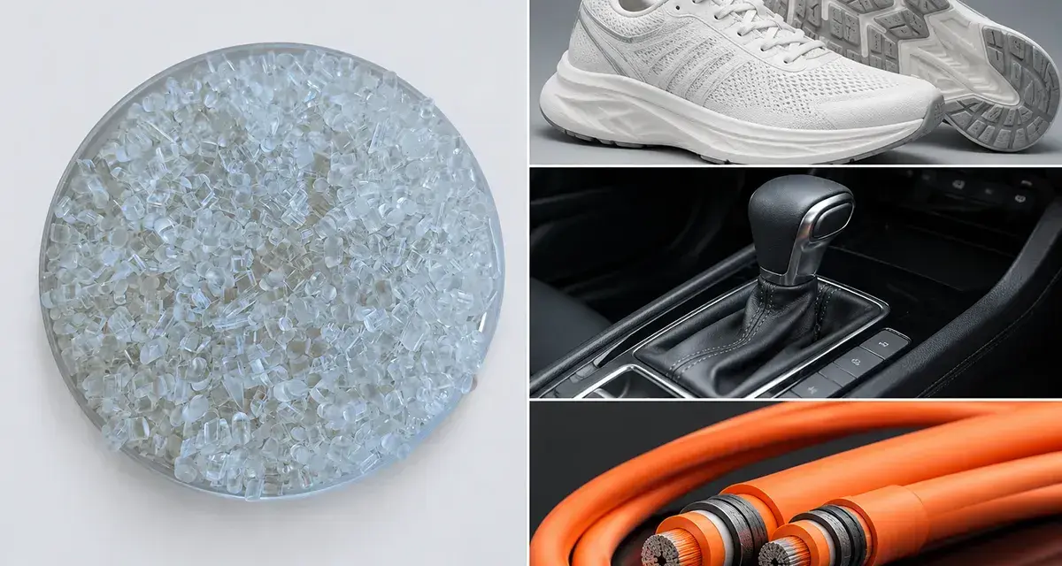 Gránulos de tpe material en un cuenco, zapatillas deportivas, palanca de cambios de coche y cables naranjas.