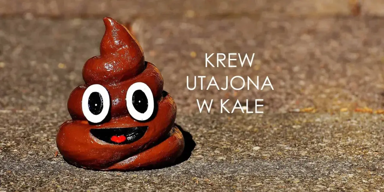 Uśmiechnięta kupa z oczami i napisem "krew utajona w kale".