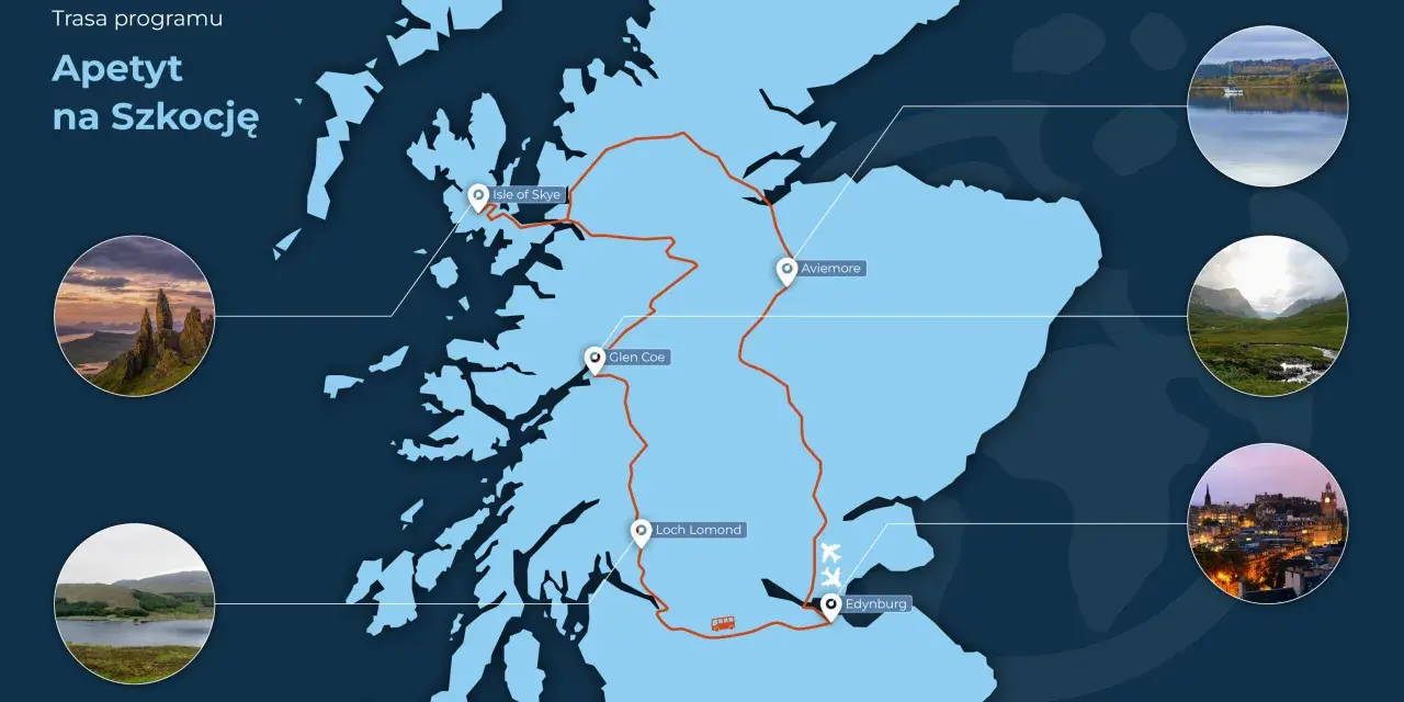 Mapa Szkocji z trasą "Apetyt na Szkocję", pokazująca malownicze miejsca jak Isle of Skye, Glen Coe, Loch Lomond i Edynburg.