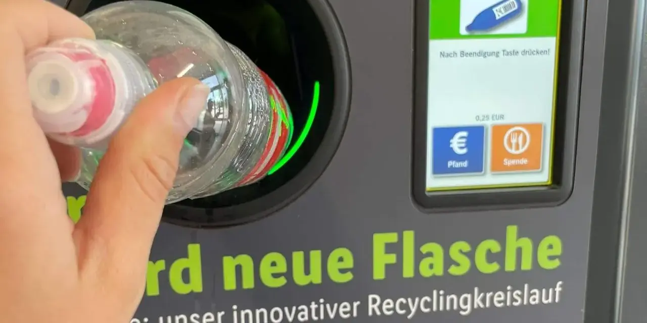 Ręka wrzuca butelkę do automatu. Niemiecki system kaucyjny działa sprawnie, zwracając 0,25 EUR za każdy zwrot.