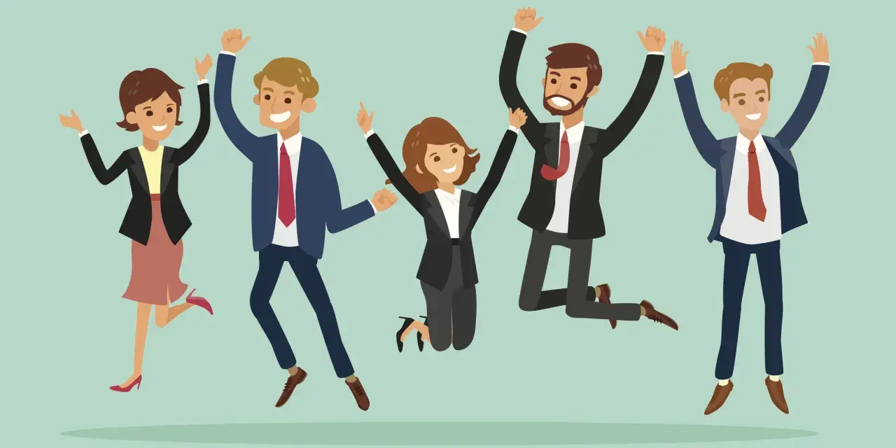 Cinq personnes en tenue d'affaires sautent de joie, symbolisant un excellent team building en entreprise.