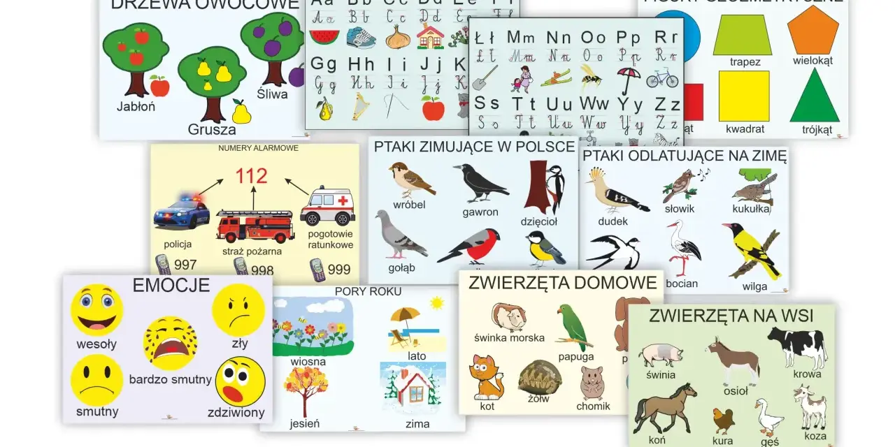 Zestaw plansz edukacyjnych dla klas 1-3: owoce, litery, figury, ptaki, emocje, pory roku, zwierzęta.