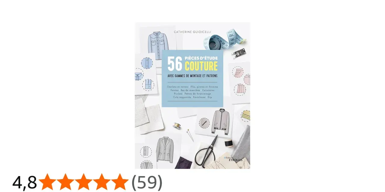 Livre de couture "56 Pièces d'étude" de Catherine Guidicelli, montrant des patrons de vêtements, des tissus, des ciseaux et des **cols** rapportés.