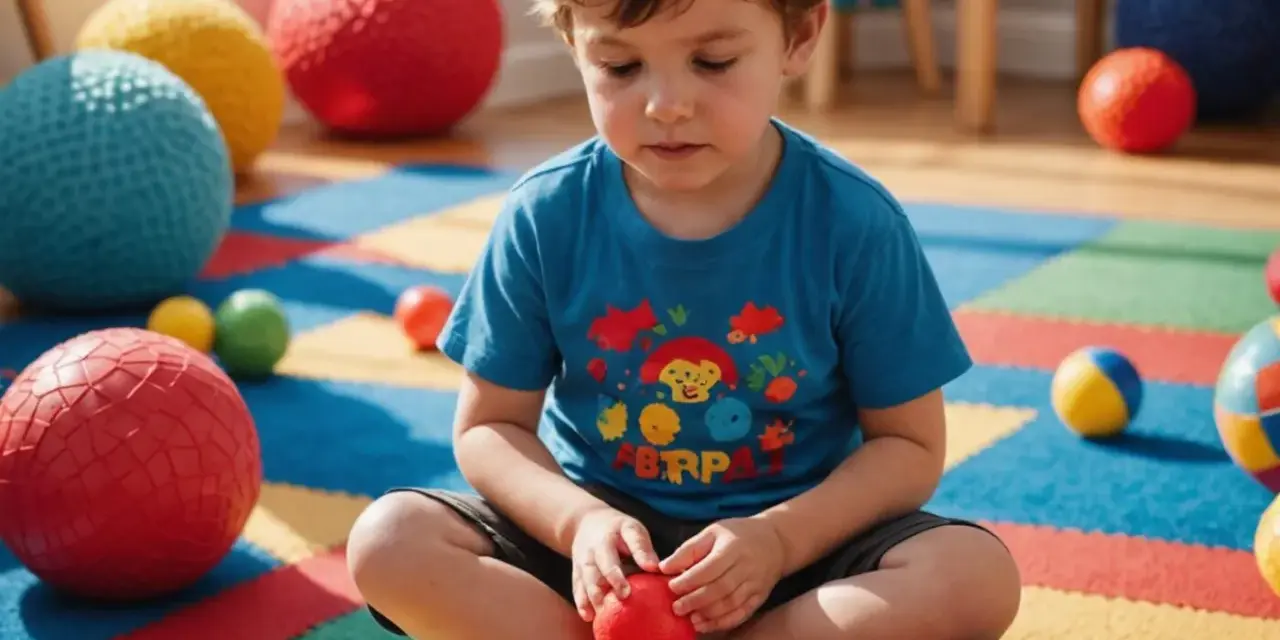 Chłopiec z zaburzeniem sensorycznym bawi się kolorowymi piłkami na macie.