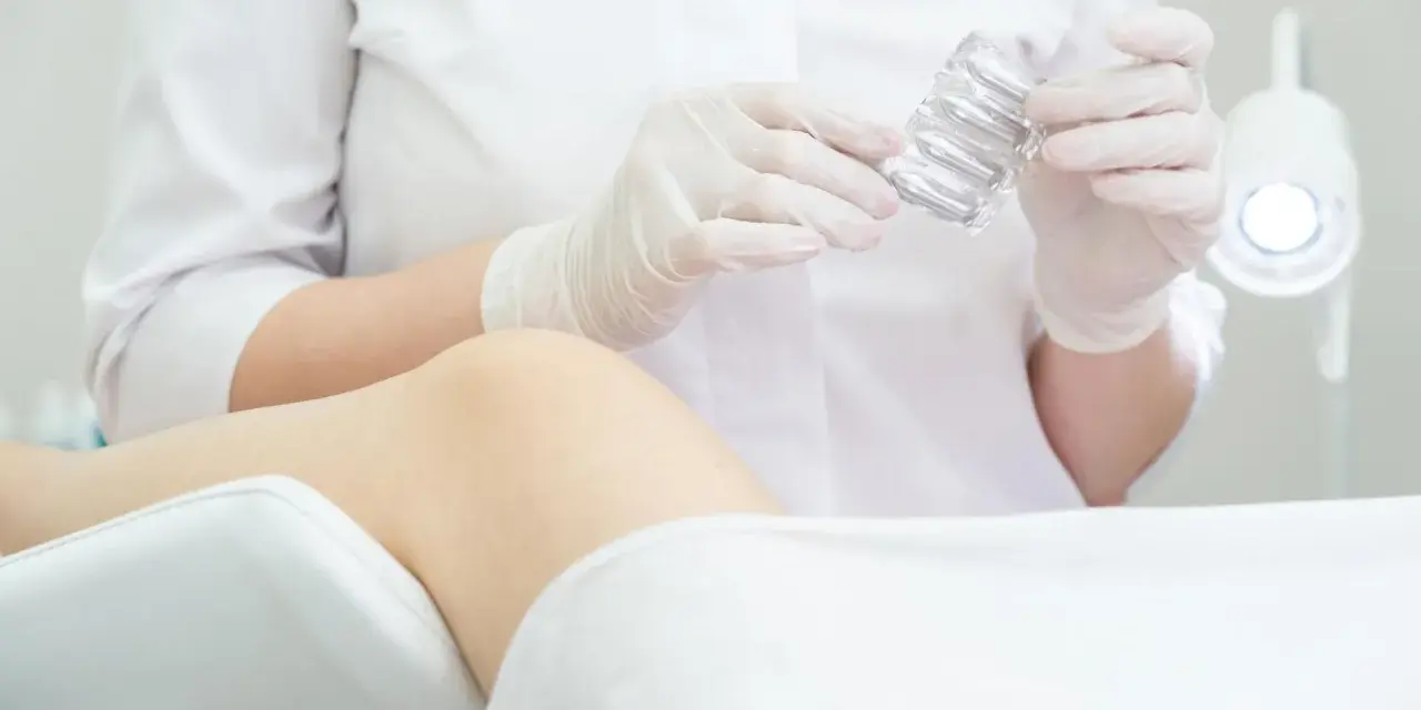 Lekarz w rękawiczkach trzyma opakowanie z dopochwowymi krążkami.