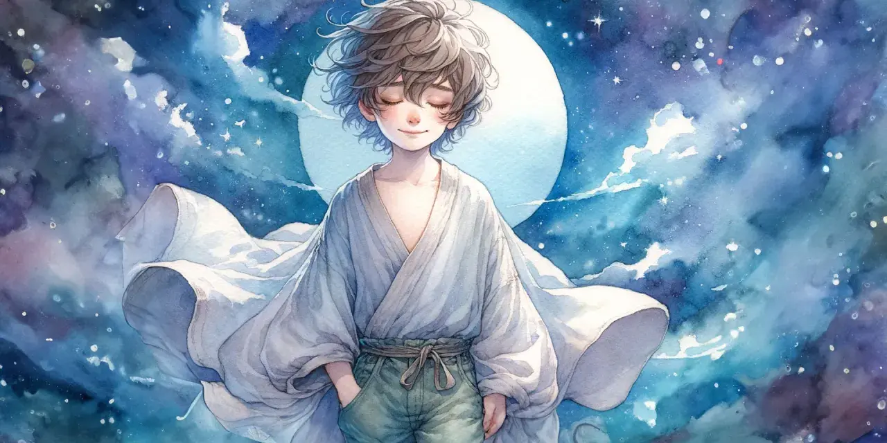 Ein Junge mit geschlossenen Augen und wallendem Gewand vor einem Sternenhimmel und Mond. Perfekt für traumreisen zum einschlafen.