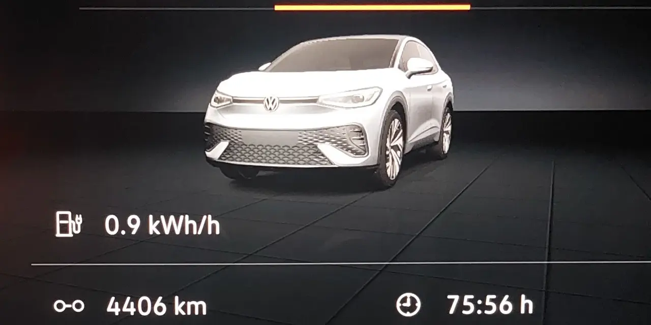 Na ekranie VW ID.5 widać dane: 4406 km przejechane, średnie zużycie 21.2 kWh/100km. Zasięg jest dobry!
