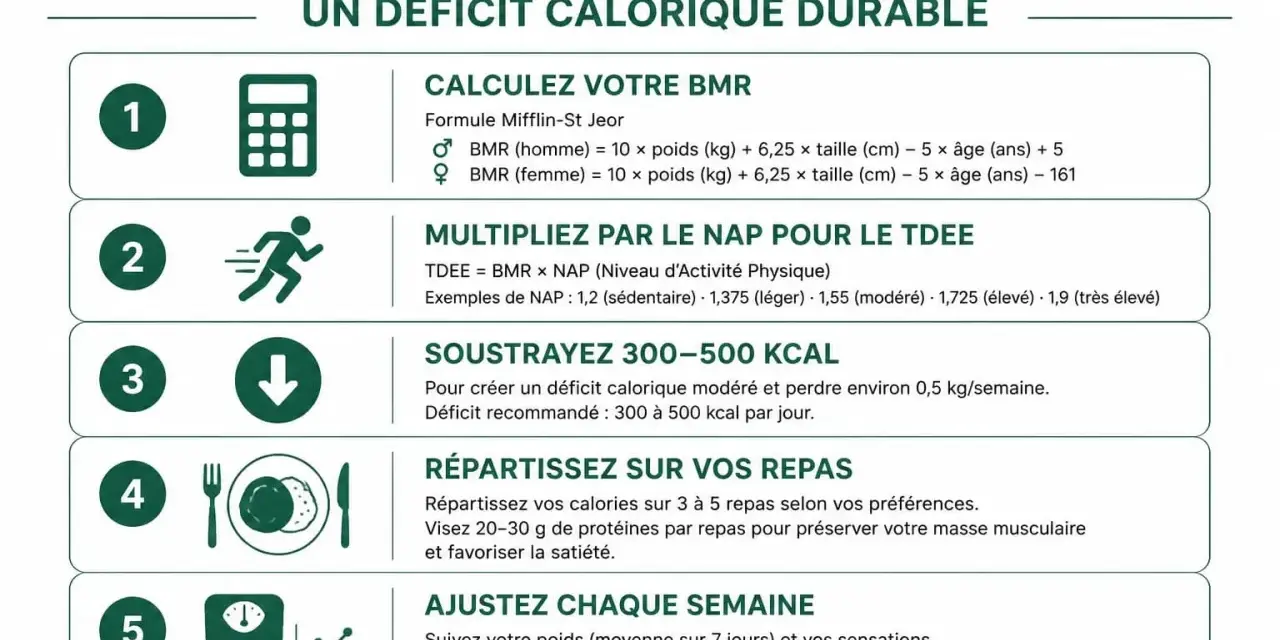 Guide en 5 étapes pour comment compter ses calories et créer un déficit calorique durable : calcul BMR, TDEE, soustraction kcal, répartition repas, ajustements hebdomadaires.