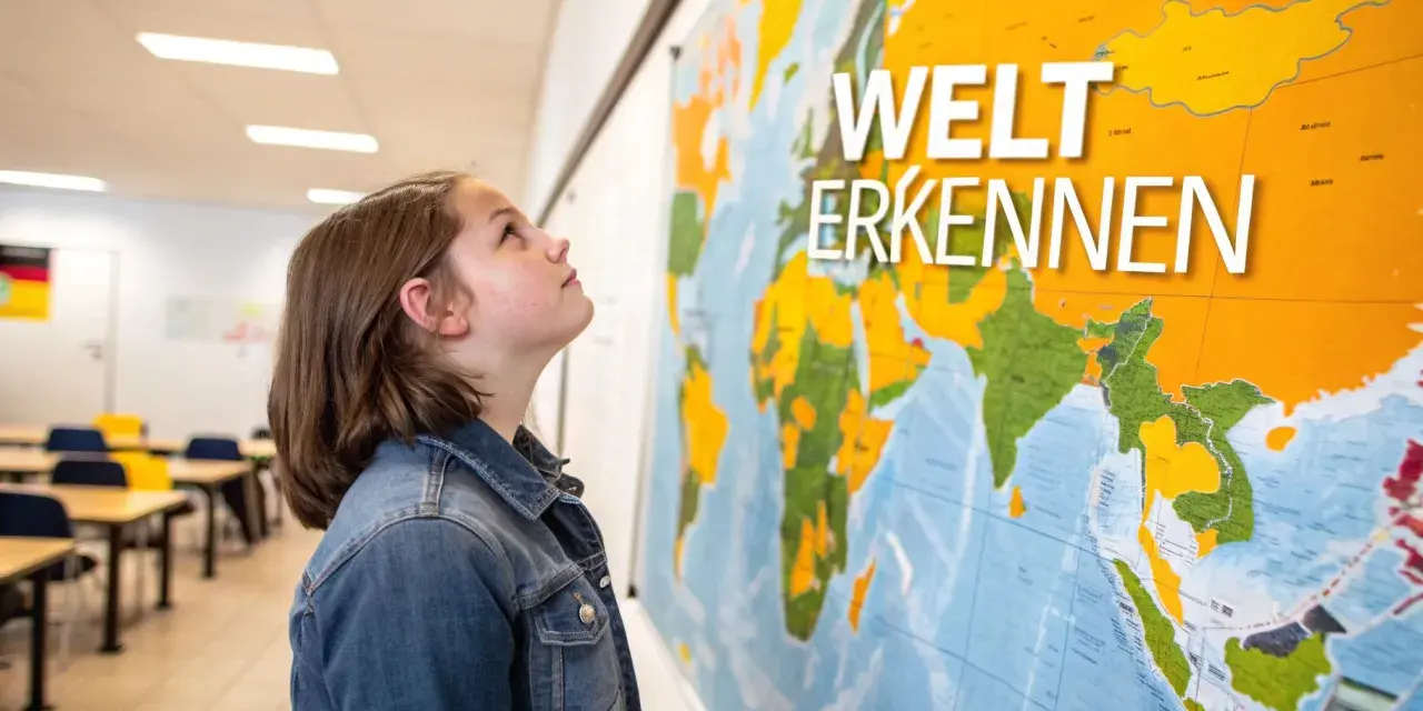 Ein Mädchen blickt auf eine Weltkarte mit der Aufschrift "Welt erkennen". Vielleicht plant sie ihren nächsten schuljahr im ausland.
