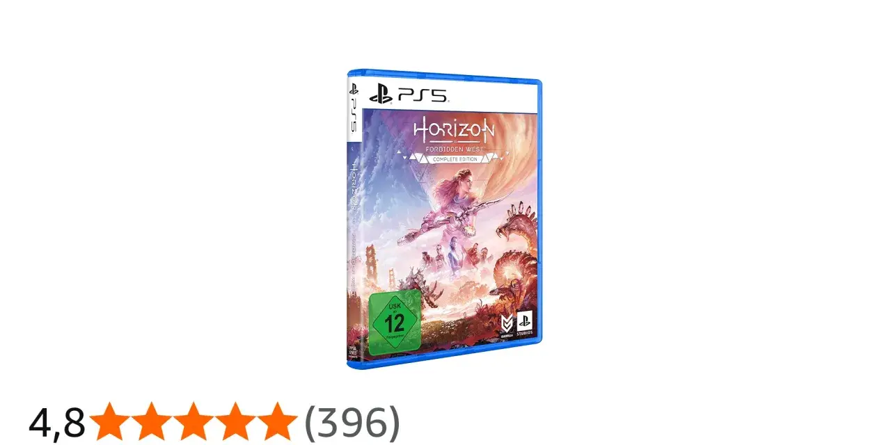 Caja del videojuego Horizon Forbidden West para PS5, con Aloy luchando contra un robot.