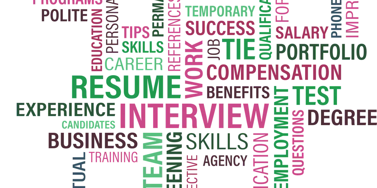 Słowa kluczowe związane z karierą i procesem rekrutacji: RESUME, INTERVIEW, SKILLS, EXPERIENCE, EDUCATION, SUCCESS, PORTFOLIO, SALARY, COMPENSATION, EMPLOYMENT, APPLICATION, TEST, DEGREE, INSURANCE, PROGRAMS, POLITE, TEMPORARY, PERSONALITY, TIPS, REFER...