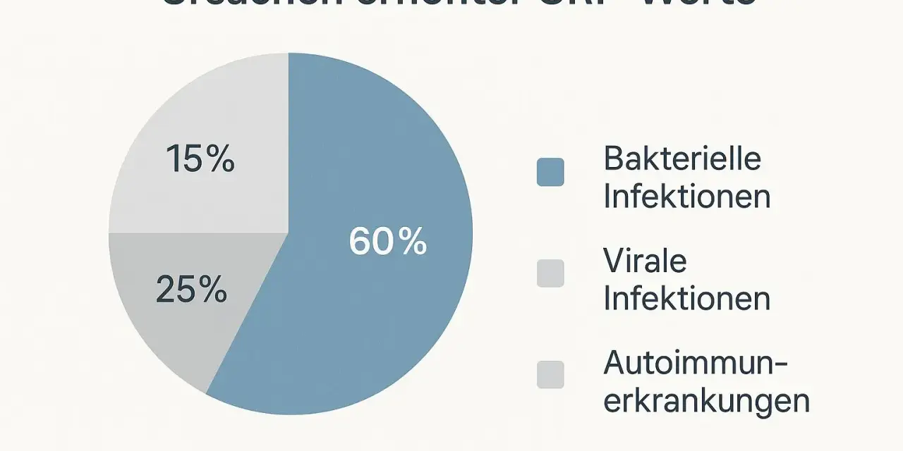 Wykres kołowy pokazuje przyczyny podwyższonego CRP: 60% infekcje bakteryjne, 25% wirusowe, 15% choroby autoimmunologiczne. CRP co to?