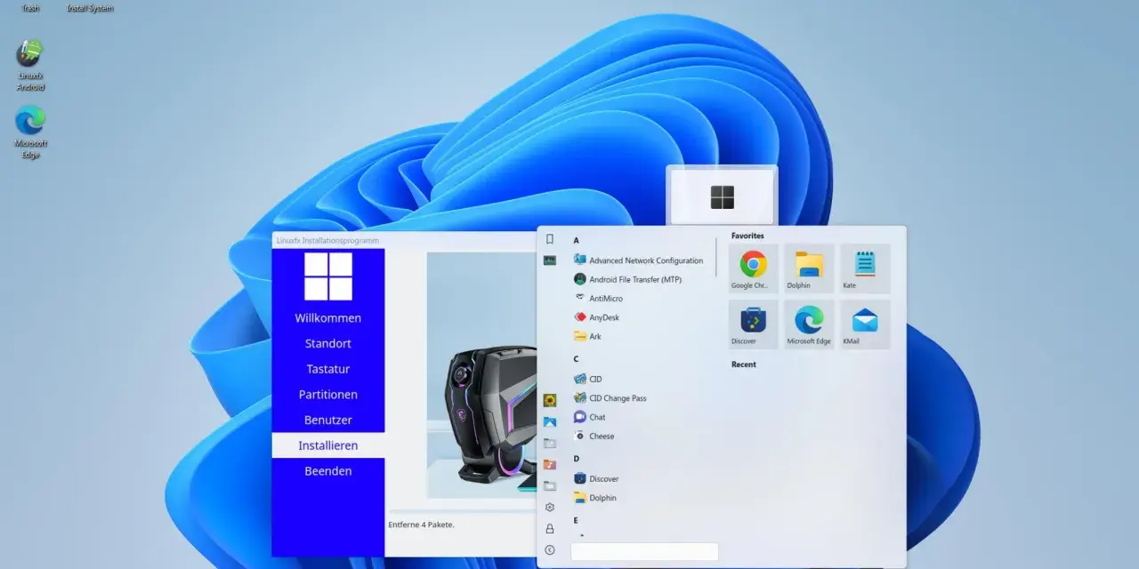 Linuxfx Installationsprogramm mit Android-Optionen, das auf einem Windows 11-Desktop läuft. Ein Fenster zeigt "Android File Transfer (MTP)" und andere Programme.