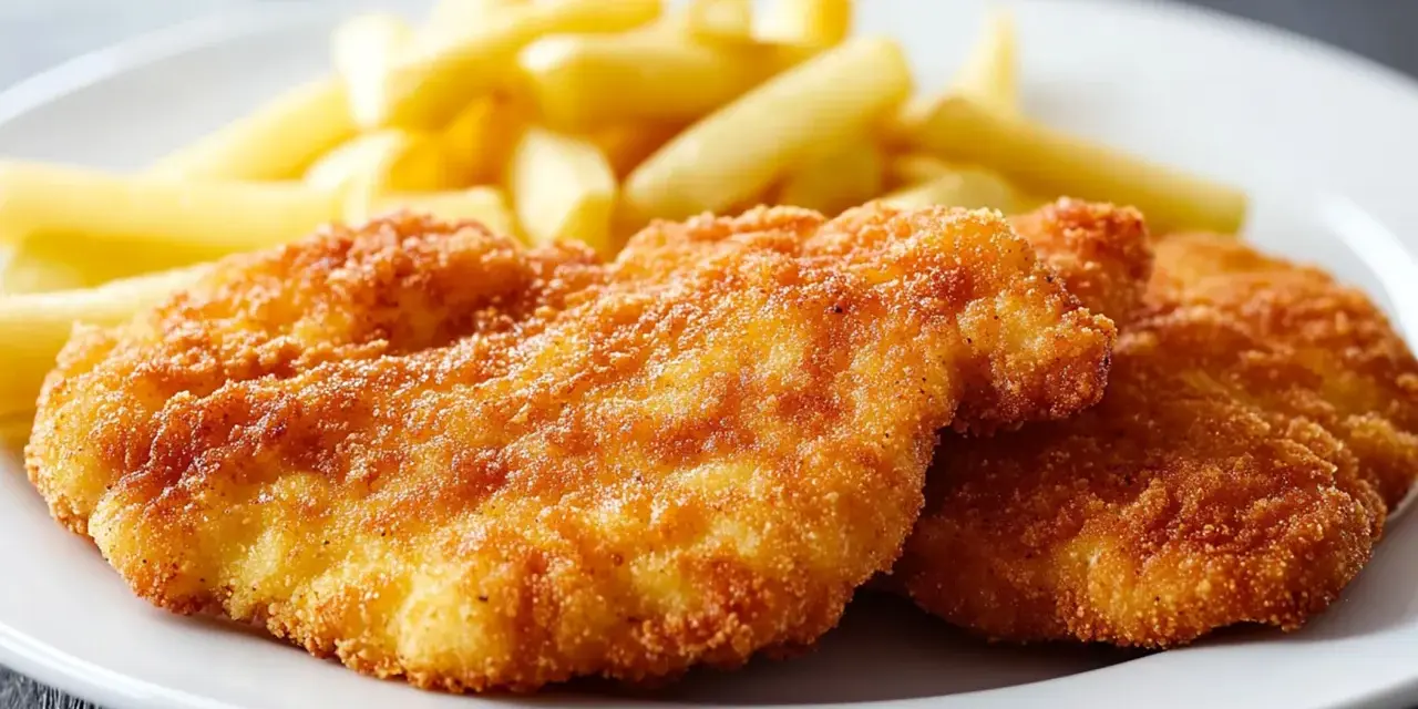 Due cotolette di pollo dorate e croccanti, accompagnate da patatine fritte, su un piatto bianco.