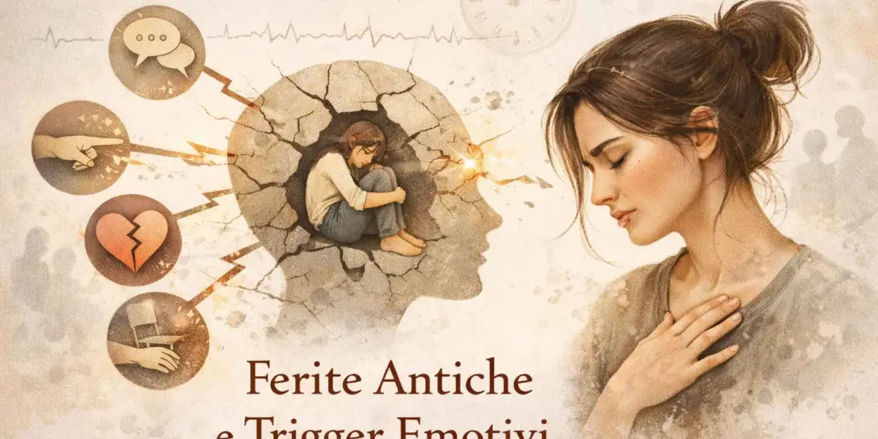 Una donna con la mano sul cuore, mentre dentro la sua testa si frantuma, evocando il pensare di aver fatto cose non fatte.