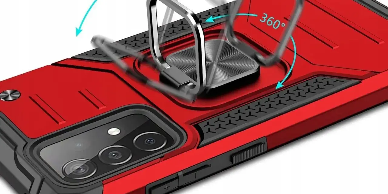 Czerwone etui na Xiaomi Mi 10T Pro z metalowym pierścieniem obracanym o 180° i 360°.
