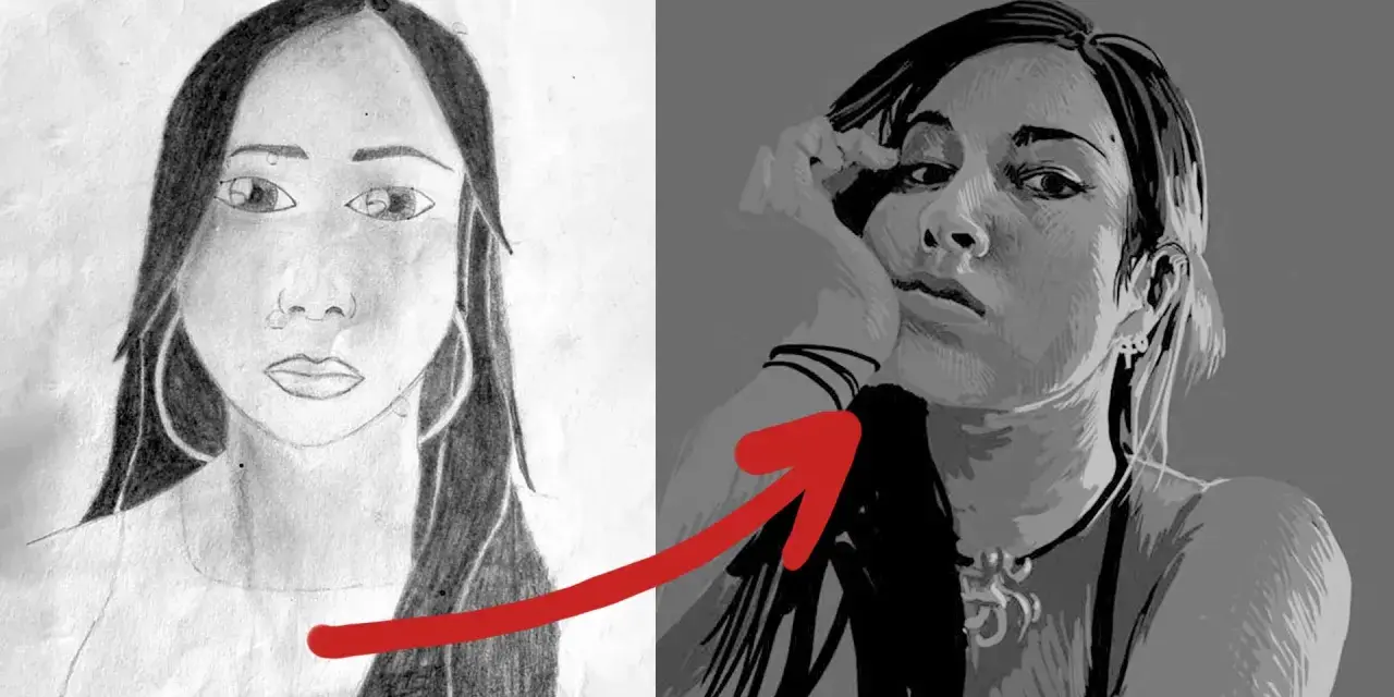 Un autoportrait dessin au crayon à gauche, et une version numérique plus stylisée à droite, montrant une évolution artistique.