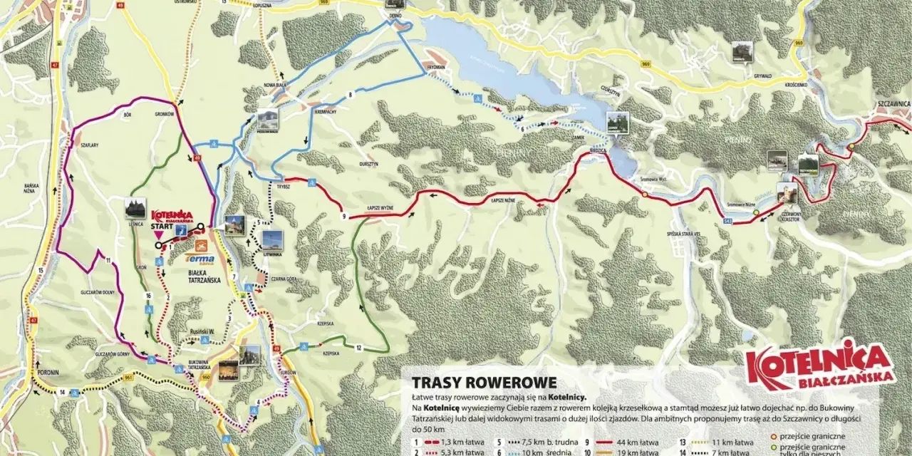 Mapa tras rowerowych i pieszych w Białce Tatrzańskiej. Kotelnica oferuje łatwe trasy, idealne na rodzinne wycieczki.