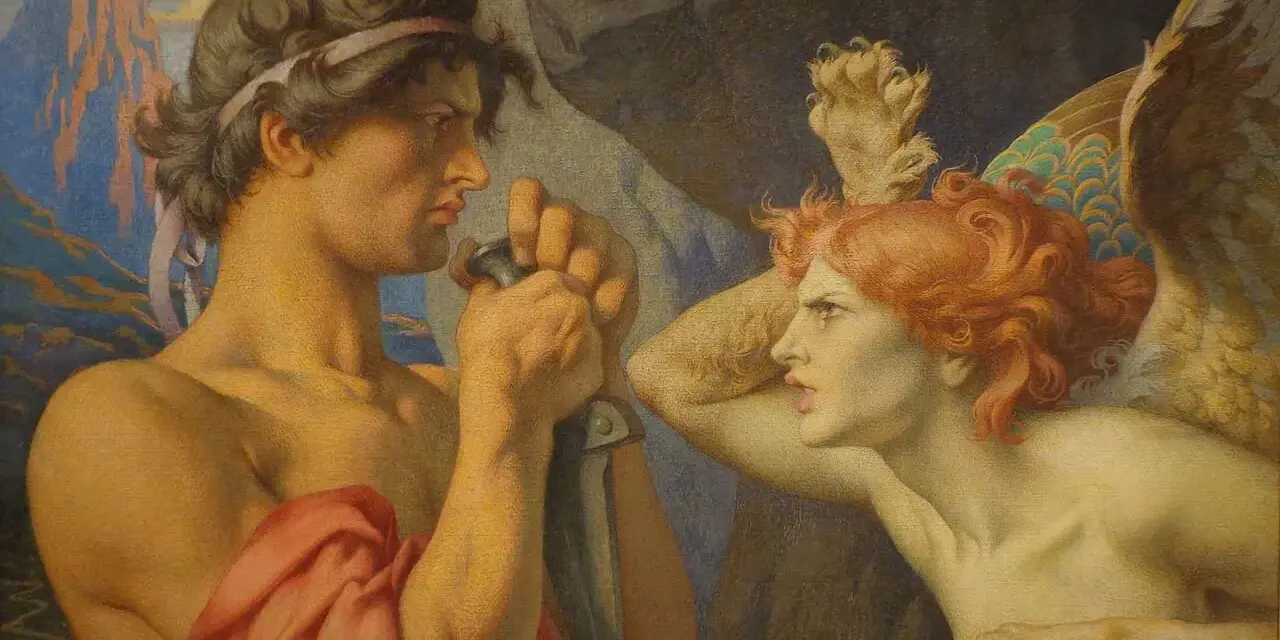 Oedyp i Sfinks w scenie z mitu o rodzie Labdakidów, inspirowanej mitologią Parandowskiego.