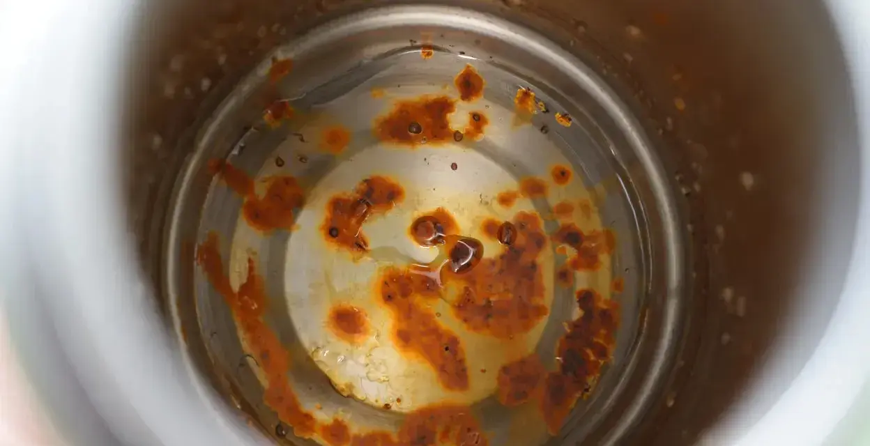 Intoxication eau gourde : intérieur rouillé d'une gourde, avec des dépôts orangés et de l'eau trouble.