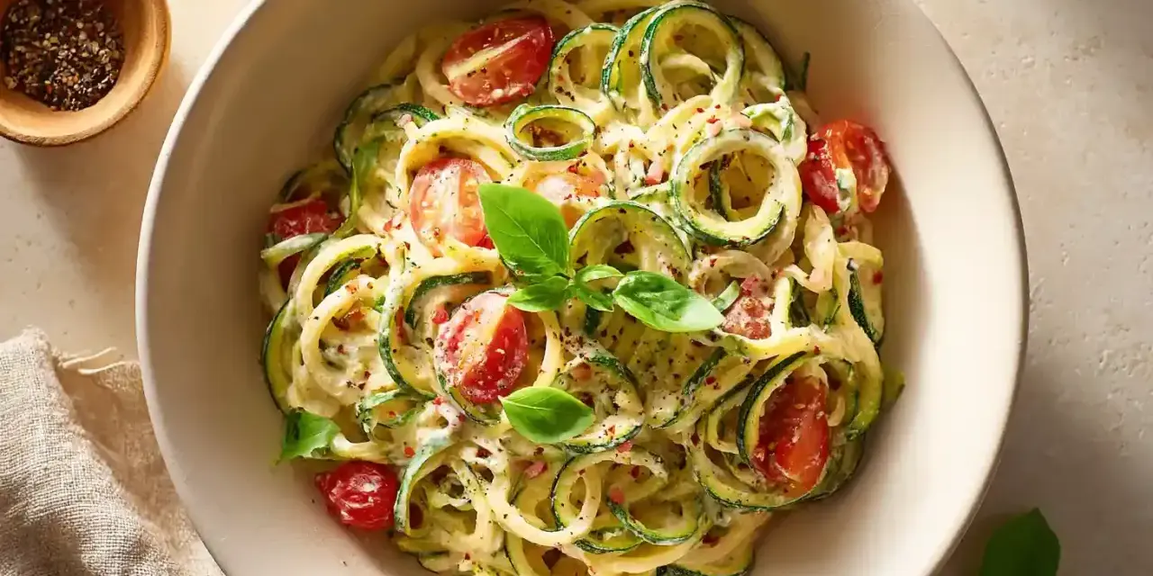 Zucchini-Spaghetti mit cremiger Sauce, Kirschtomaten und Basilikum. Ein leichtes Gericht, das sich perfekt zum Kochen oder Braten eignet.