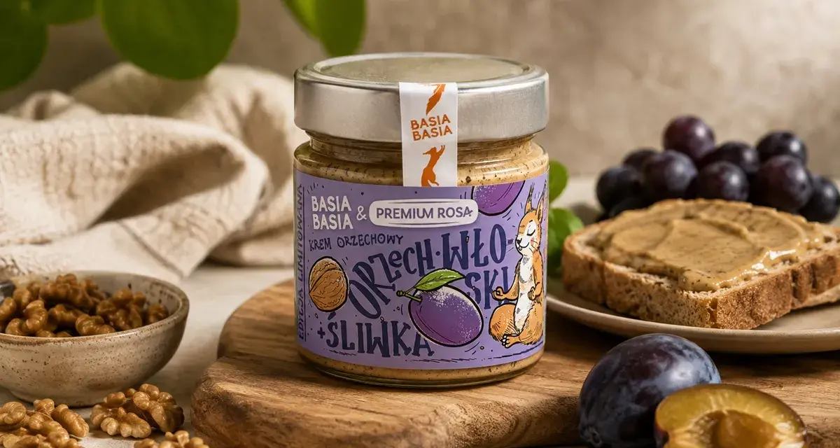 Krem orzechowo-śliwkowy na śniadanie, idealny dla osób na dieta fodmap. Na zdjęciu słoik z kremem, orzechy włoskie, śliwki i tost.