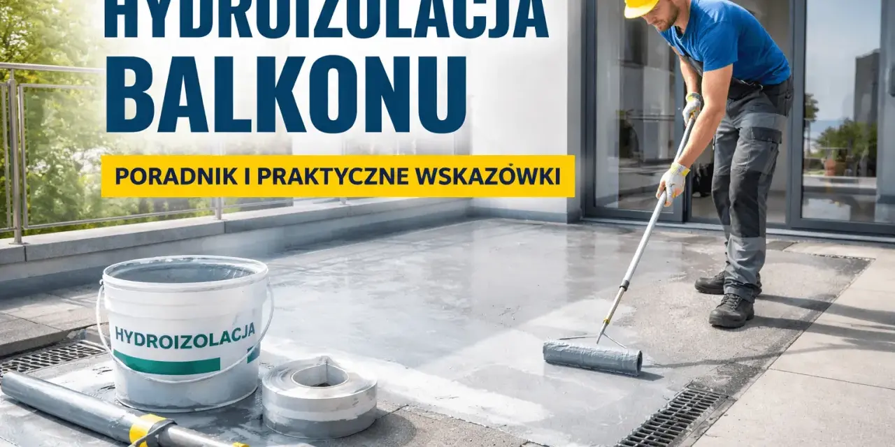 Fachowiec wykonuje izolację balkonu, używając wałka do rozprowadzenia masy. Na pierwszym planie wiadro z napisem "HYDROIZOLACJA".