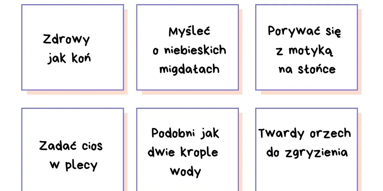 Zestawienie frazeologizmów: "zdrowy jak koń", "myśleć o niebieskich migdałach", "porywać się z motyką na słońce", "zadać cios w plecy", "podobni jak dwie krople wody", "twardy orzech do zgryzienia".