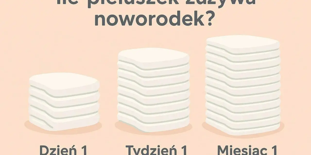 Ile dziecko zużywa pampersów dziennie? Ilustracja pokazuje stosy pieluszek na Dzień 1, Tydzień 1 i Miesiąc 1, wizualizując zużycie.
