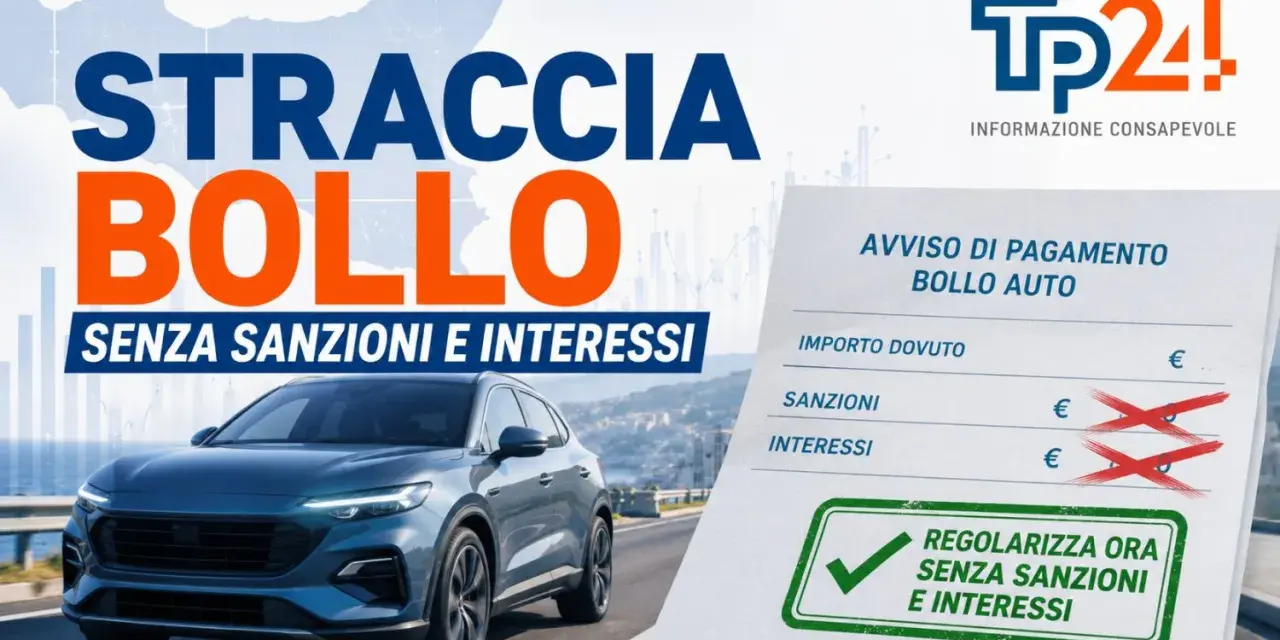 Auto blu su strada, con testo "STRACCIA BOLLO SENZA SANZIONI E INTERESSI". Avviso di pagamento bollo auto con sanzioni e interessi cancellati. Cosa succede se non si paga il bollo auto?