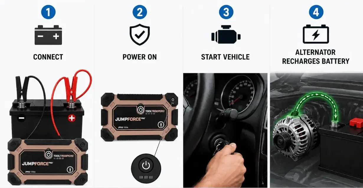 A portable jump starter can start a completely dead battery by connecting, powering on, starting the vehicle, and then the alternator recharges the battery.