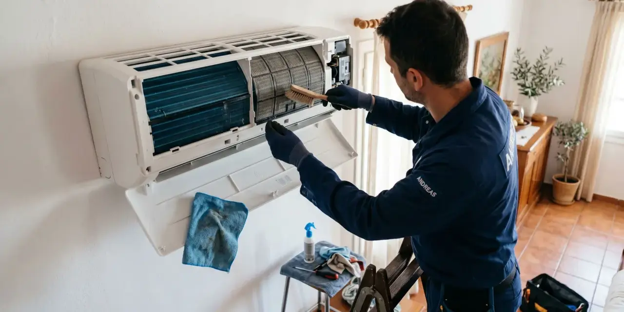 Técnico realiza revisión de aire acondicionado, limpiando filtros con cepillo.