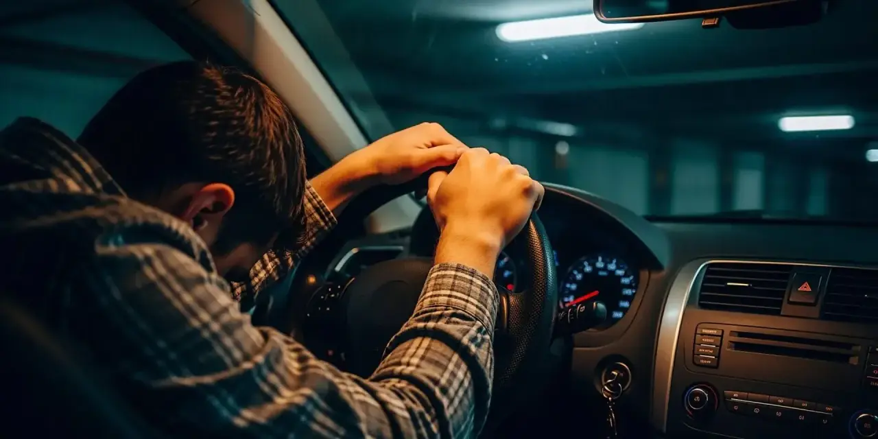 Mann mit Kopf auf Lenkrad, verzweifelt. Fahren ohne Versicherungsschutz strafe droht. Dunkle Garage, gedämpftes Licht.