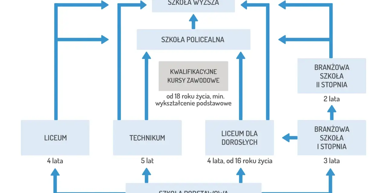 Schemat pokazuje, jakie są szkoły średnie: liceum, technikum, branżowa I i II stopnia, liceum dla dorosłych, szkoły policealne i kursy kwalifikacyjne.