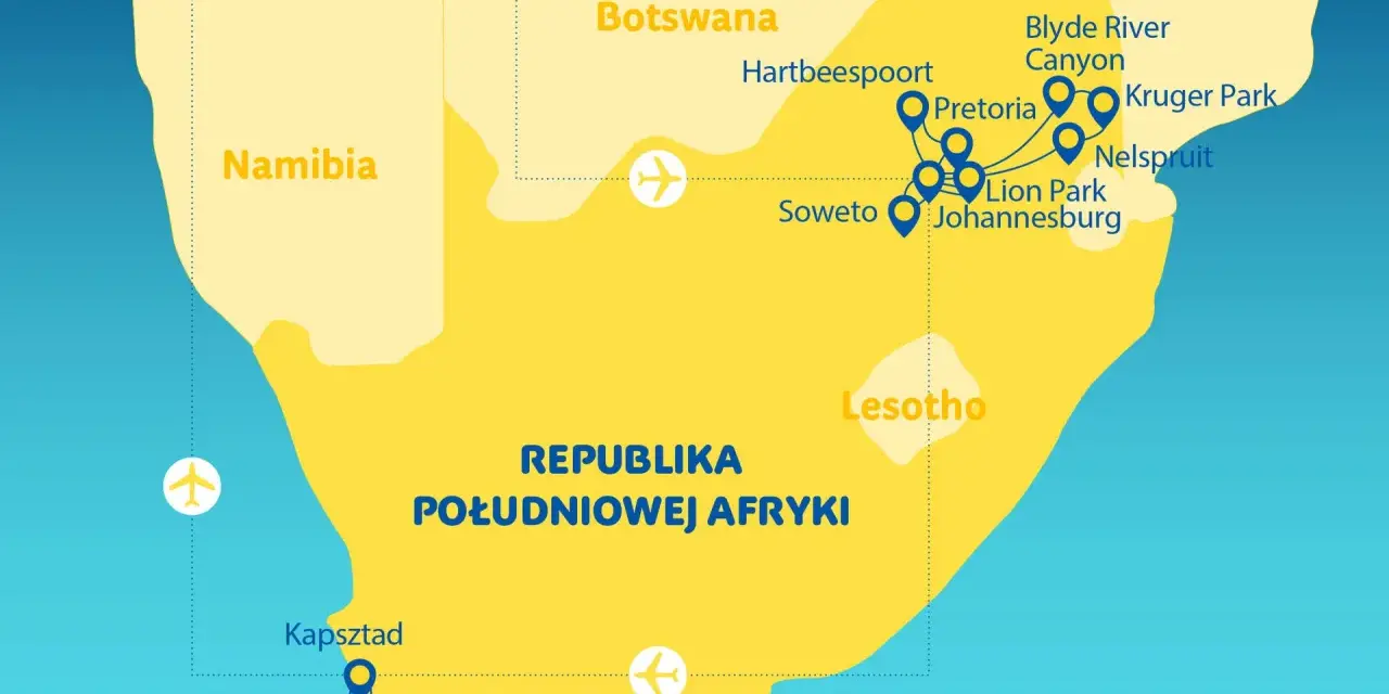 Mapa pokazuje Republikę Południowej Afryki, Botswanę, Namibię i Mozambik. Lesotho leży na południe od Johannesburga, otoczone przez RPA.