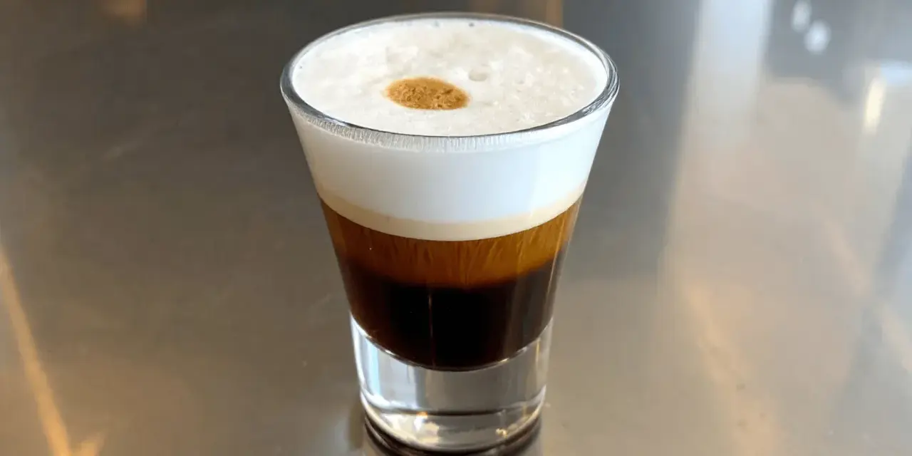 Kawa caffe coretto w szklance, z warstwami ciemnego espresso i białej pianki, ozdobiona złotą kropką.